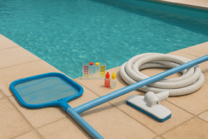 Clean backyard pool with visible maintenance tools — ideal for first-time pool owner maintenance tips