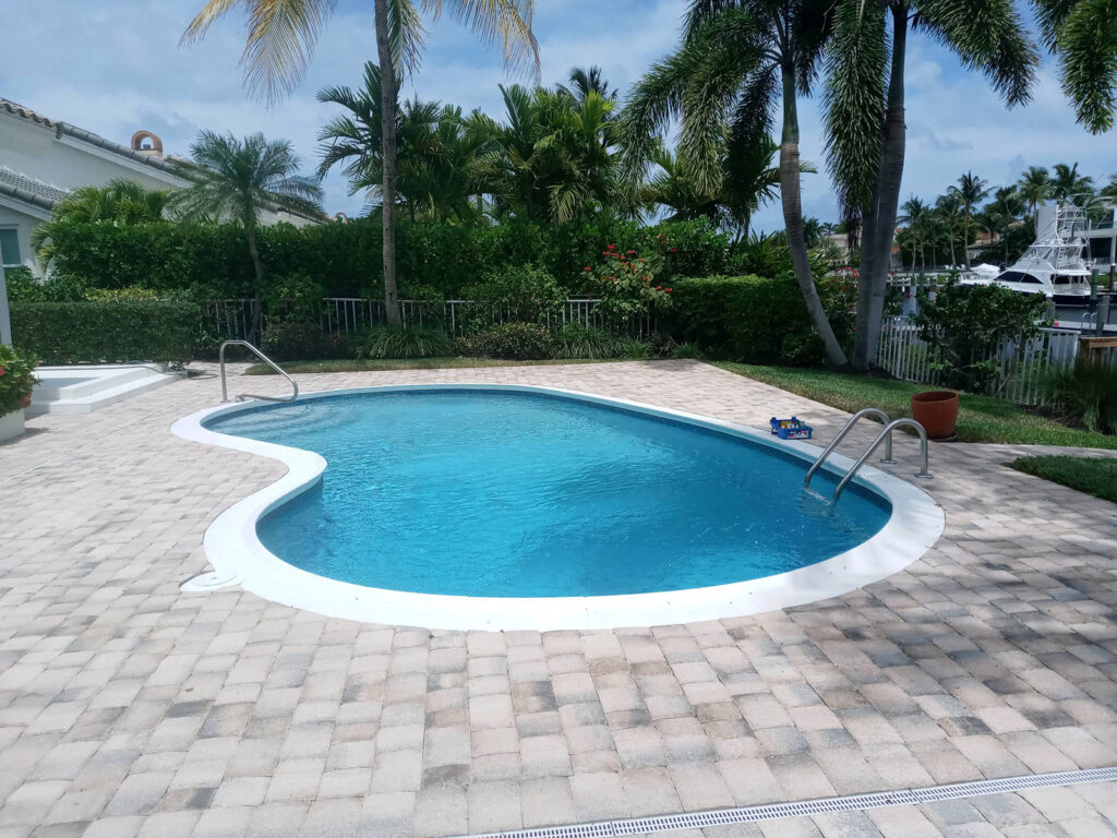 A residential pool with paver decking and palm landscaping, showing an integrated outdoor living space in Florida.