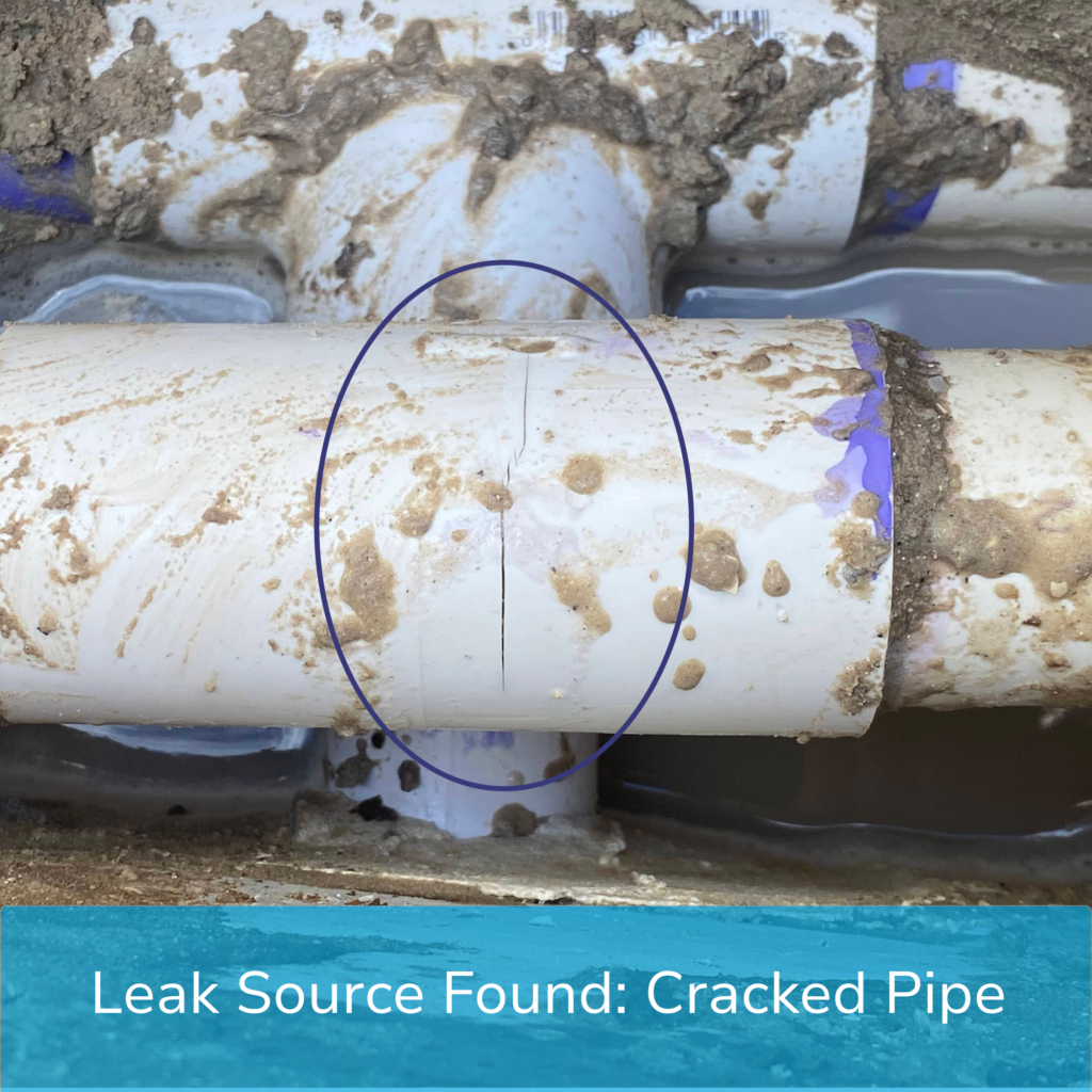 Cracked PVC pipe identified as the leak source during emergency pool leak detection