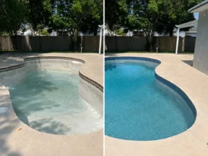 Before and after comparison of an aging plaster pool and a resurfaced pool with a new pebble finish in South Florida.