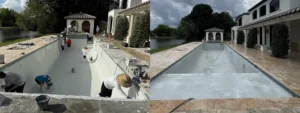 Pool resurfacing project in South Florida showing before and after resurfacing work.