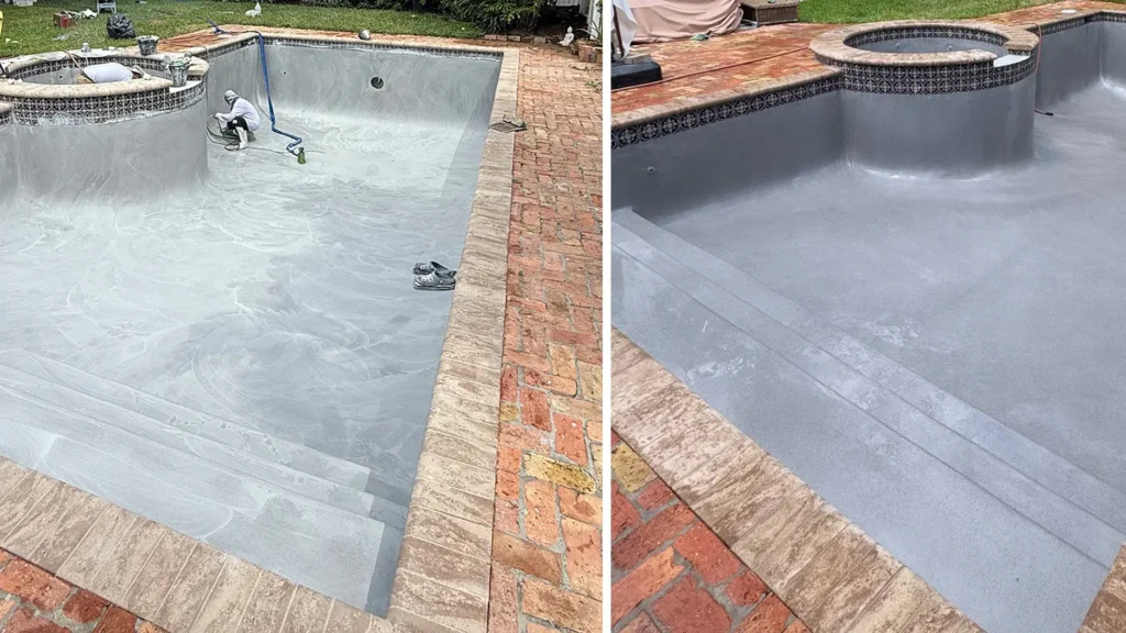 Pool resurfacing project in South Florida showing work in progress and completed surface finish.