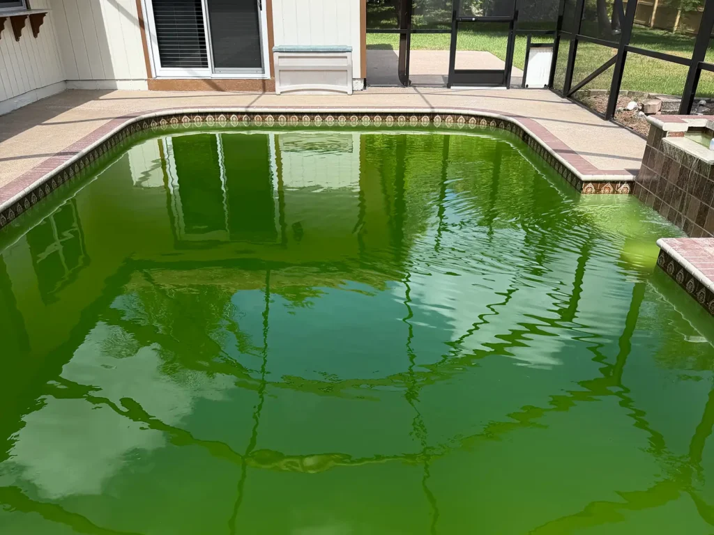 Swimming pool turned green after vacation from algae growth caused by low chlorine